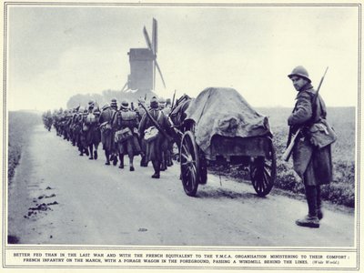 Französische Infanterie auf dem Marsch, mit einem Futterwagen im Vordergrund, aus The Illustrated War News, veröffentlicht am 22. November 1939 von English Photographer